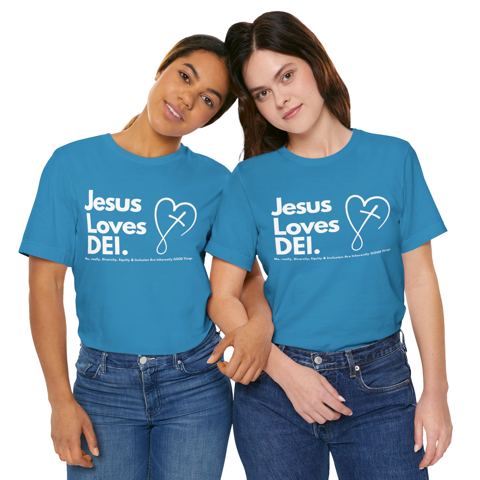 Jesus Loves DEI Tee (Style 2, CrossHeart) Unisex Jersey Tee | Progressive Statement T-Shirt for Everyday Wear