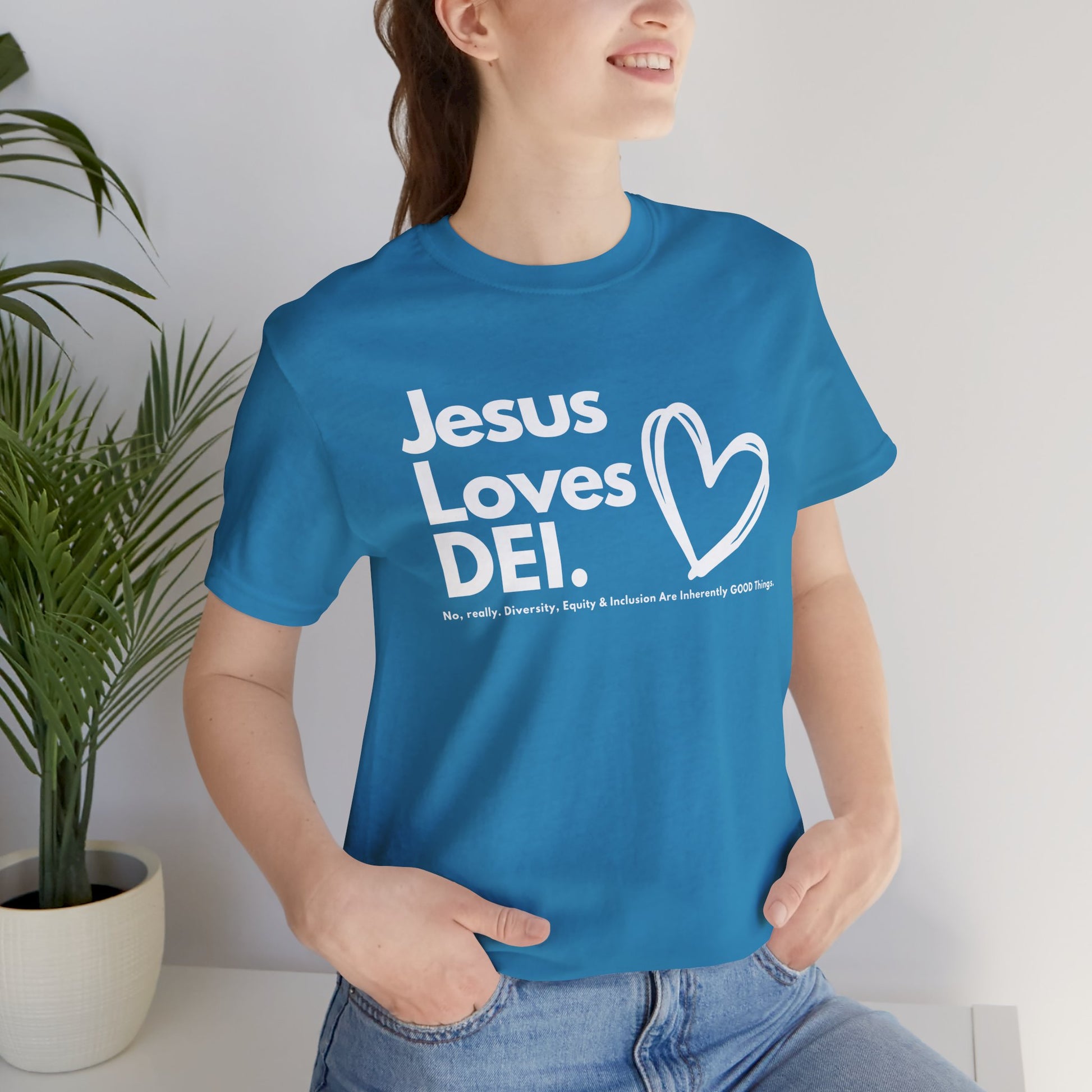 Jesus Loves DEI (Style 1, Heart) Unisex Tee | Progressive Statement T-Shirt for Everyday Wear