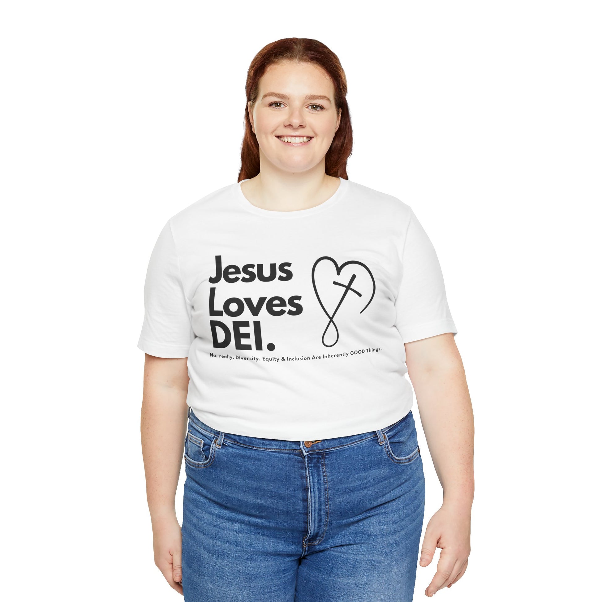 Jesus Loves DEI (Style 2, CrossHeart) Unisex Jersey Tee | Progressive Statement T-Shirt for Everyday Wear