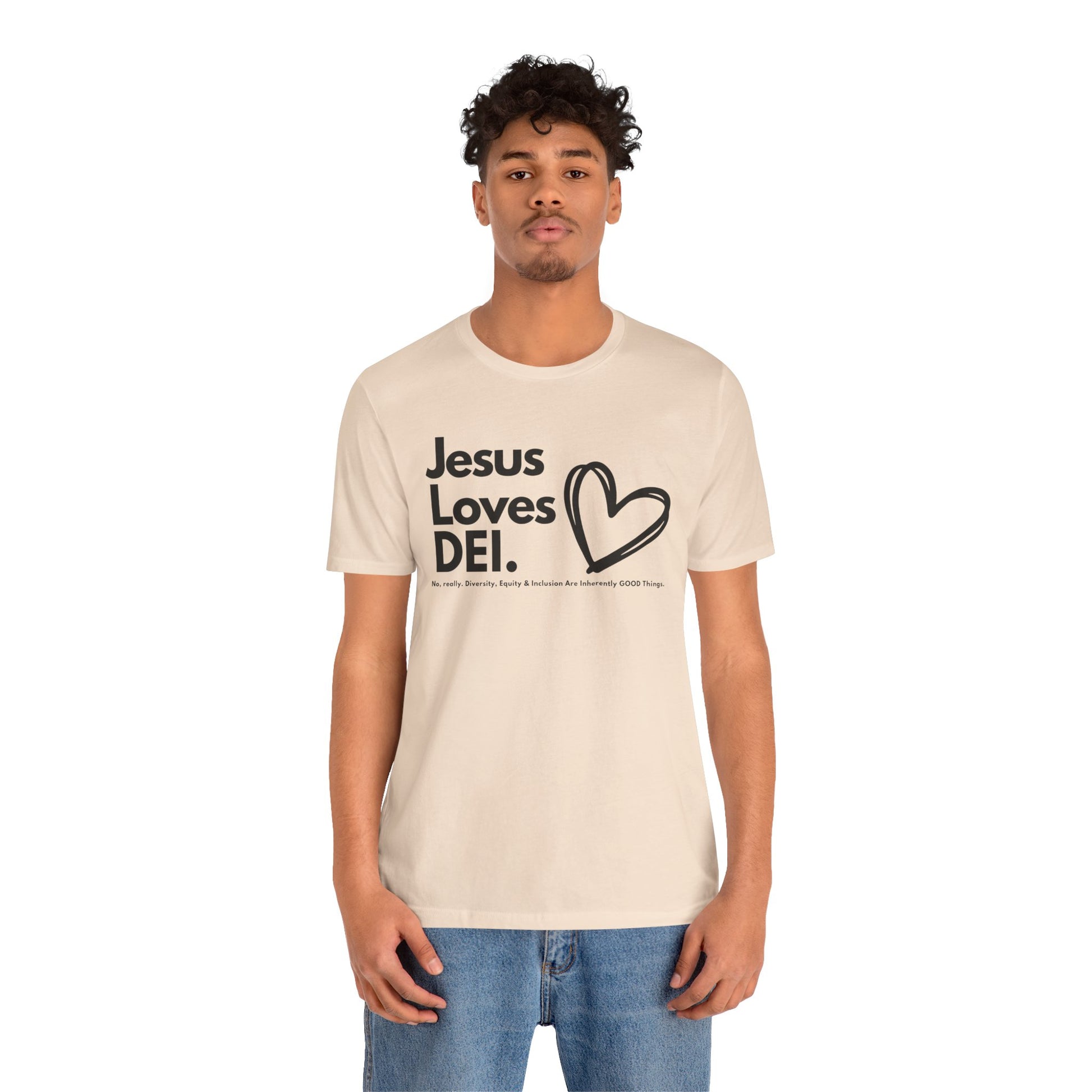 Jesus Loves DEI Tee (Style 1, Heart) Unisex Jersey Tee | Progressive Statement T-Shirt for Everyday Wear