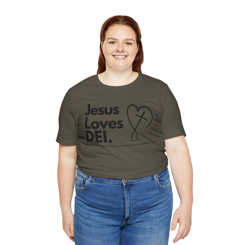Jesus Loves DEI (Style 2, CrossHeart) Unisex Jersey Tee | Progressive Statement T-Shirt for Everyday Wear