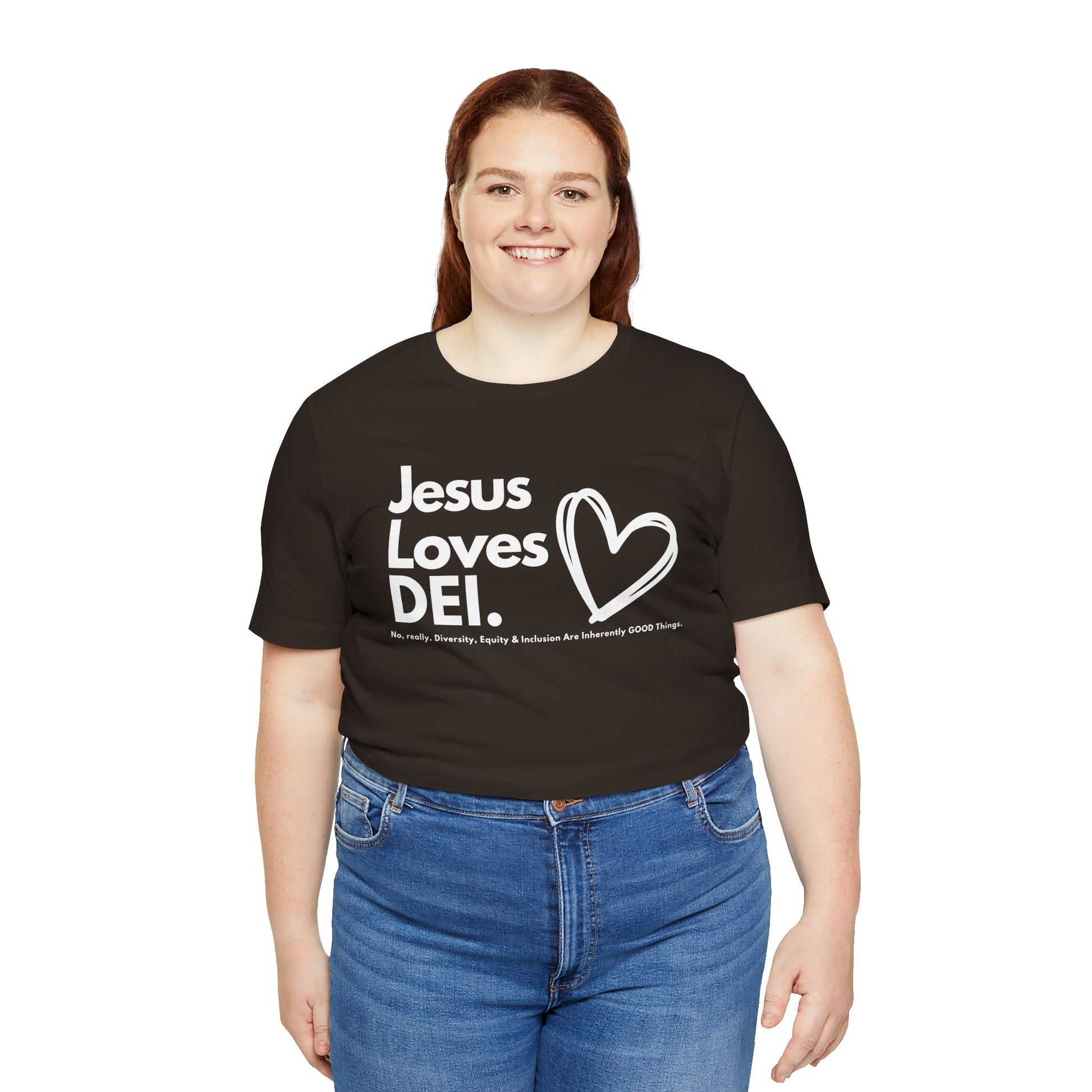 Jesus Loves DEI (Style 1, Heart) Unisex Tee | Progressive Statement T-Shirt for Everyday Wear