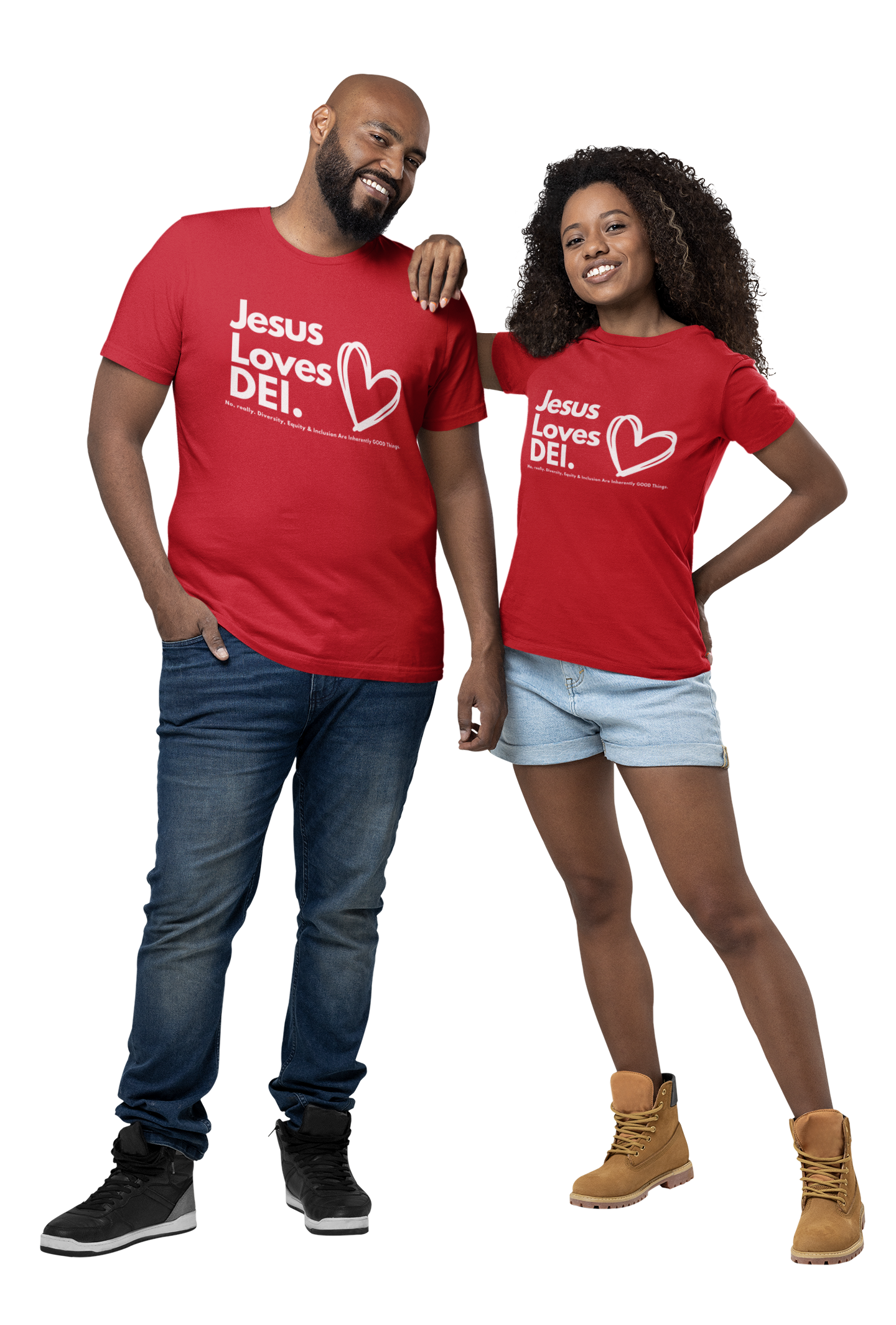 Two people wearing red t-shirts with 'Jesus Loves DEL' text on a white background