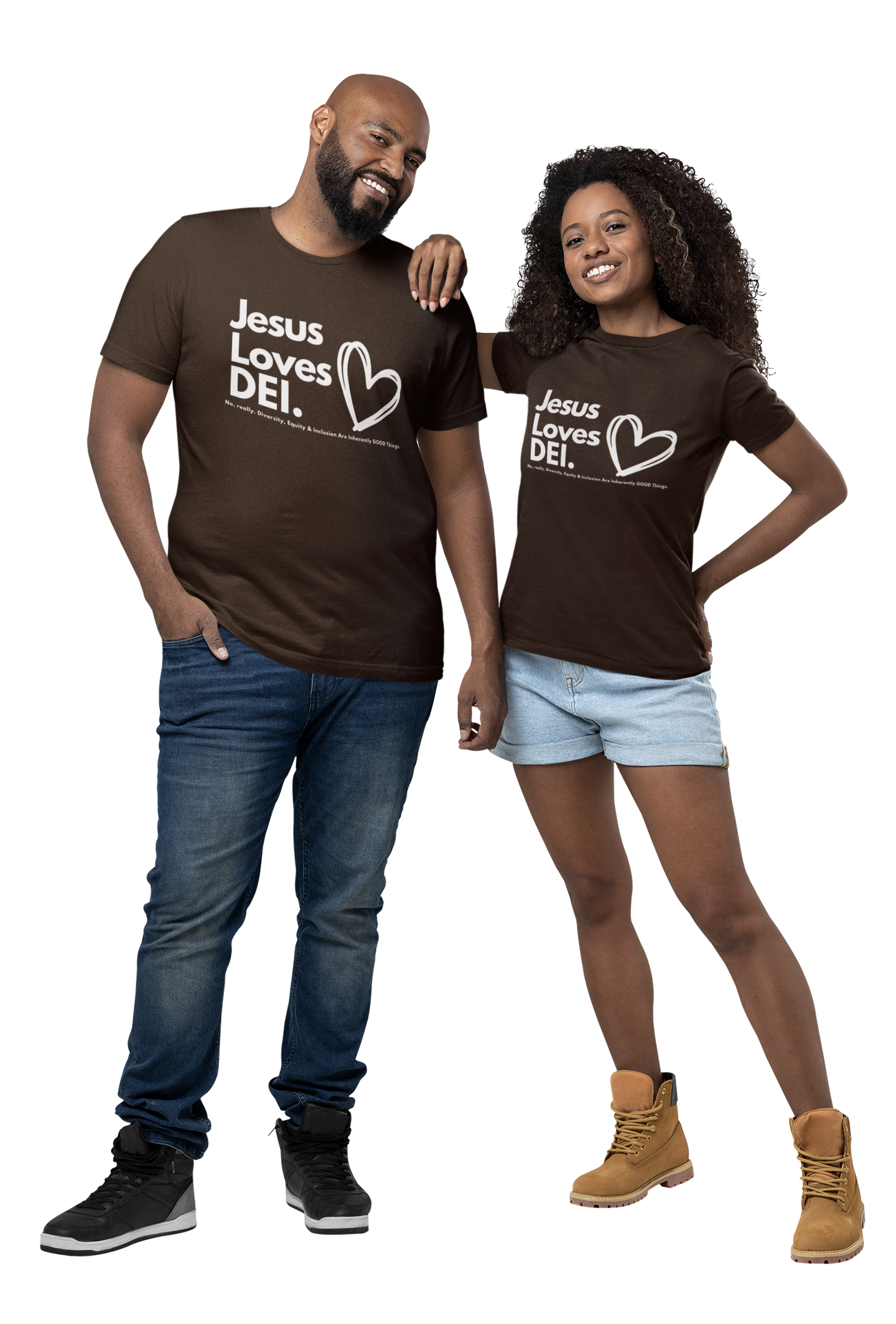 Two people wearing brown t-shirts with 'Jesus Loves DEL' text and heart graphic on a white background.