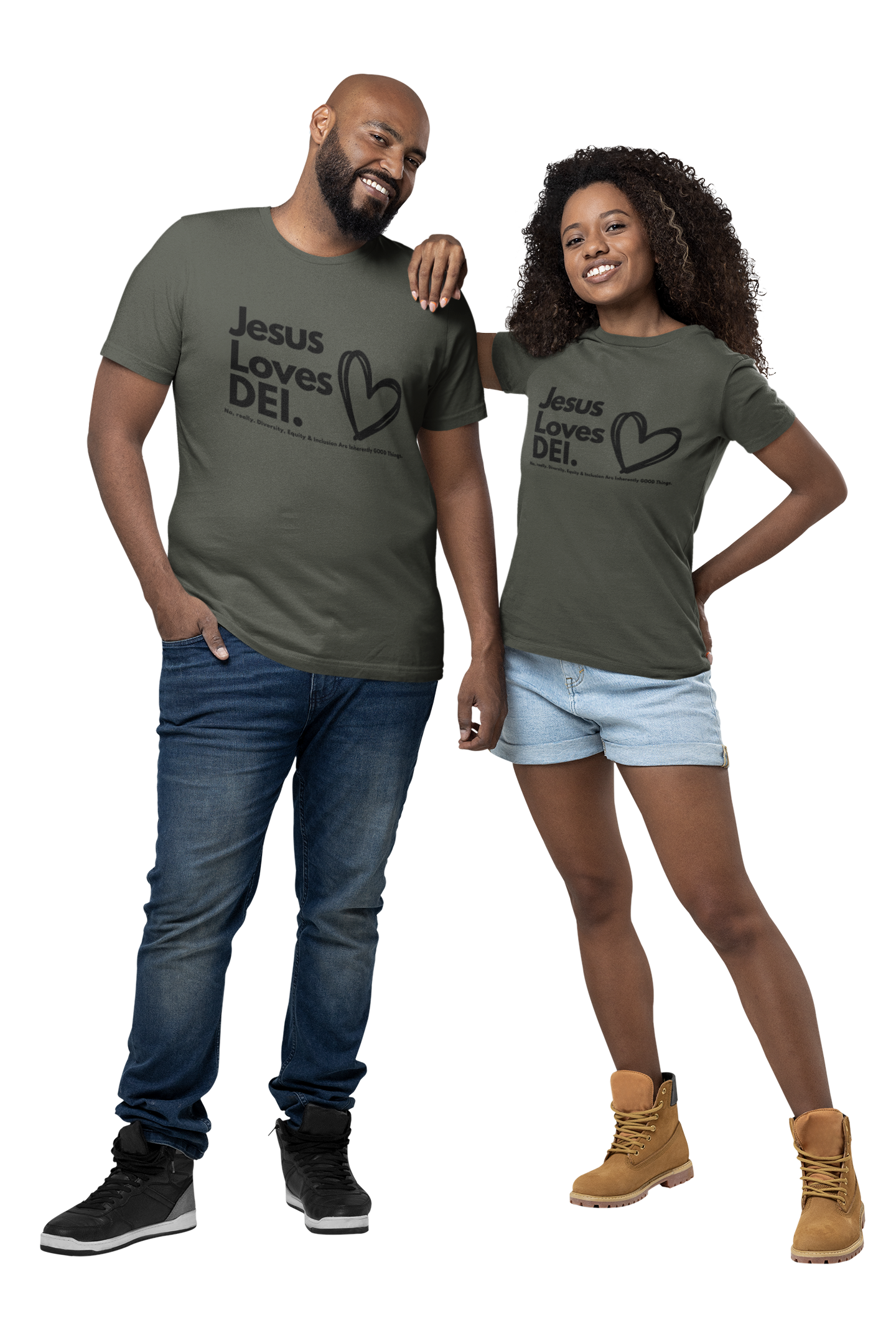 Two people wearing matching army gray t-shirts with 'Jesus Loves DEI' text.