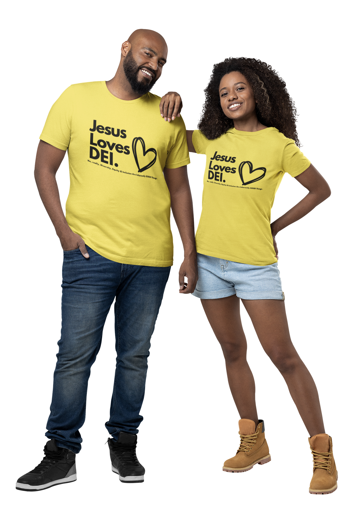Two people wearing yellow t-shirts with 'Jesus Loves DEI' text on a white background