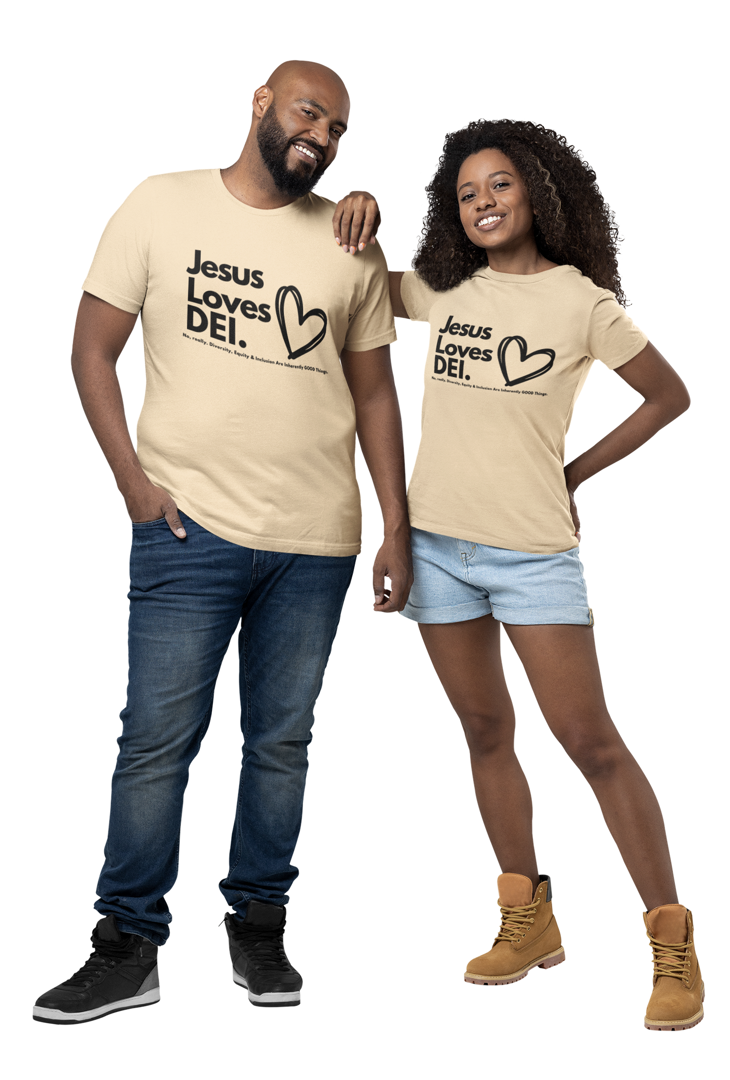 Two people wearing matching cream 'Jesus Loves DEI' t-shirts on a white background