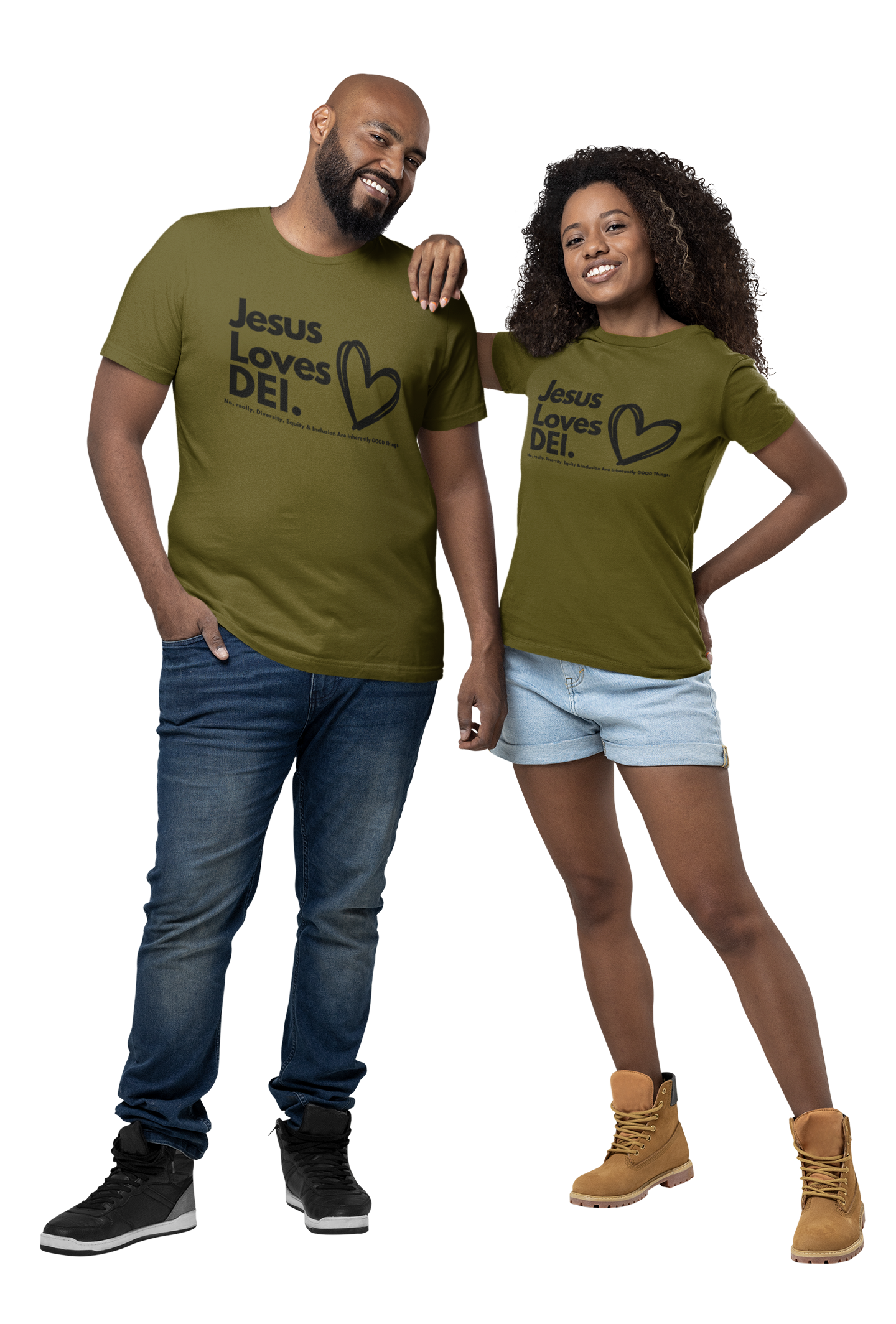 Two people wearing olive green t-shirts with 'Jesus Loves DEI' text on a white background