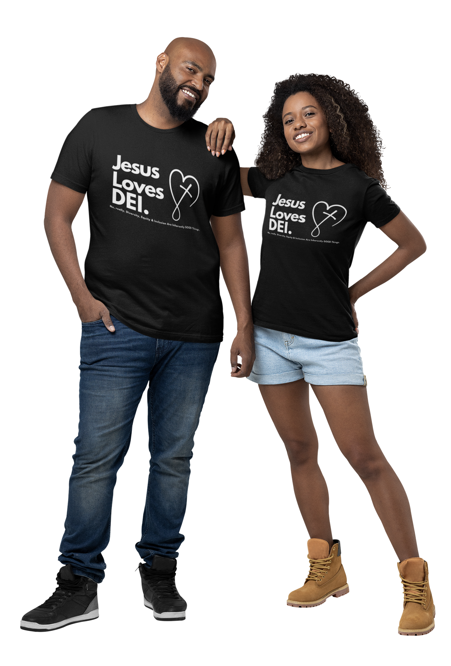 Two people wearing black t-shirts with 'Jesus Loves DEI' text on a white background