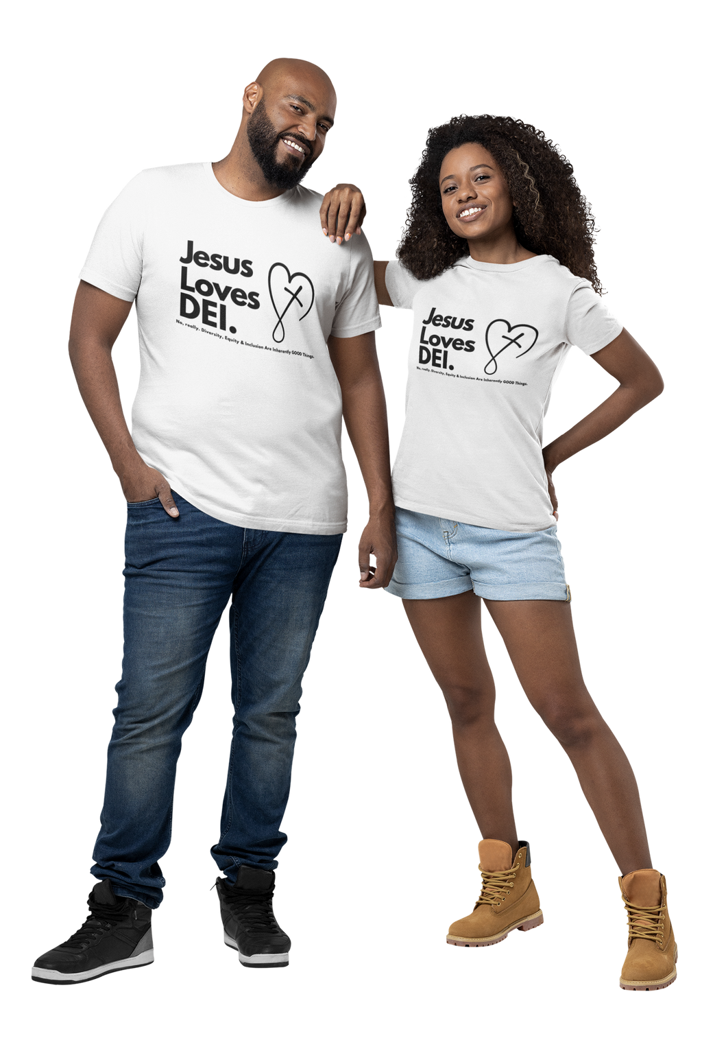 Two people wearing white t-shirts with 'Jesus Loves DEI' text on a white background