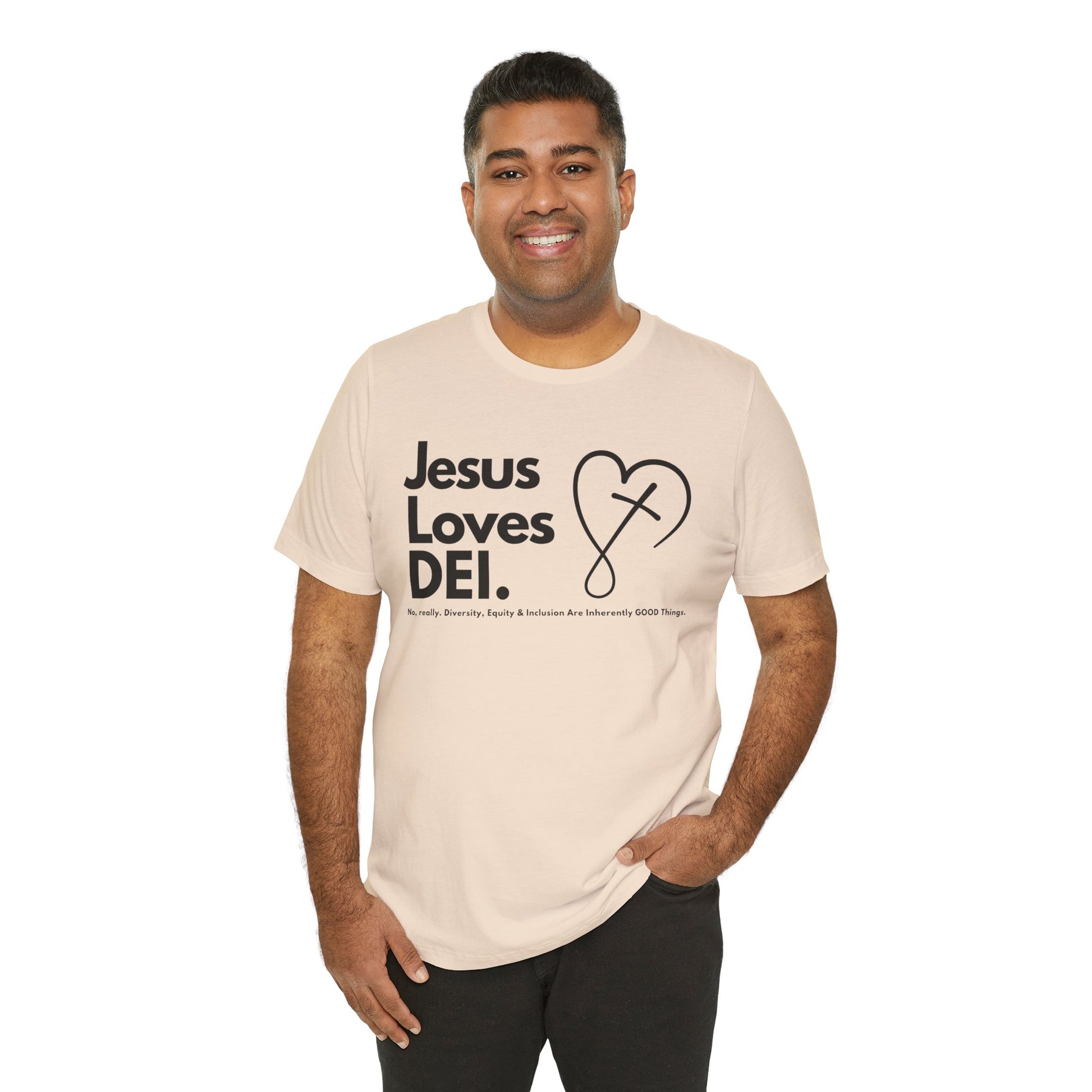 Jesus Loves DEI (Style 2, CrossHeart) Unisex Jersey Tee | Progressive Statement T-Shirt for Everyday Wear