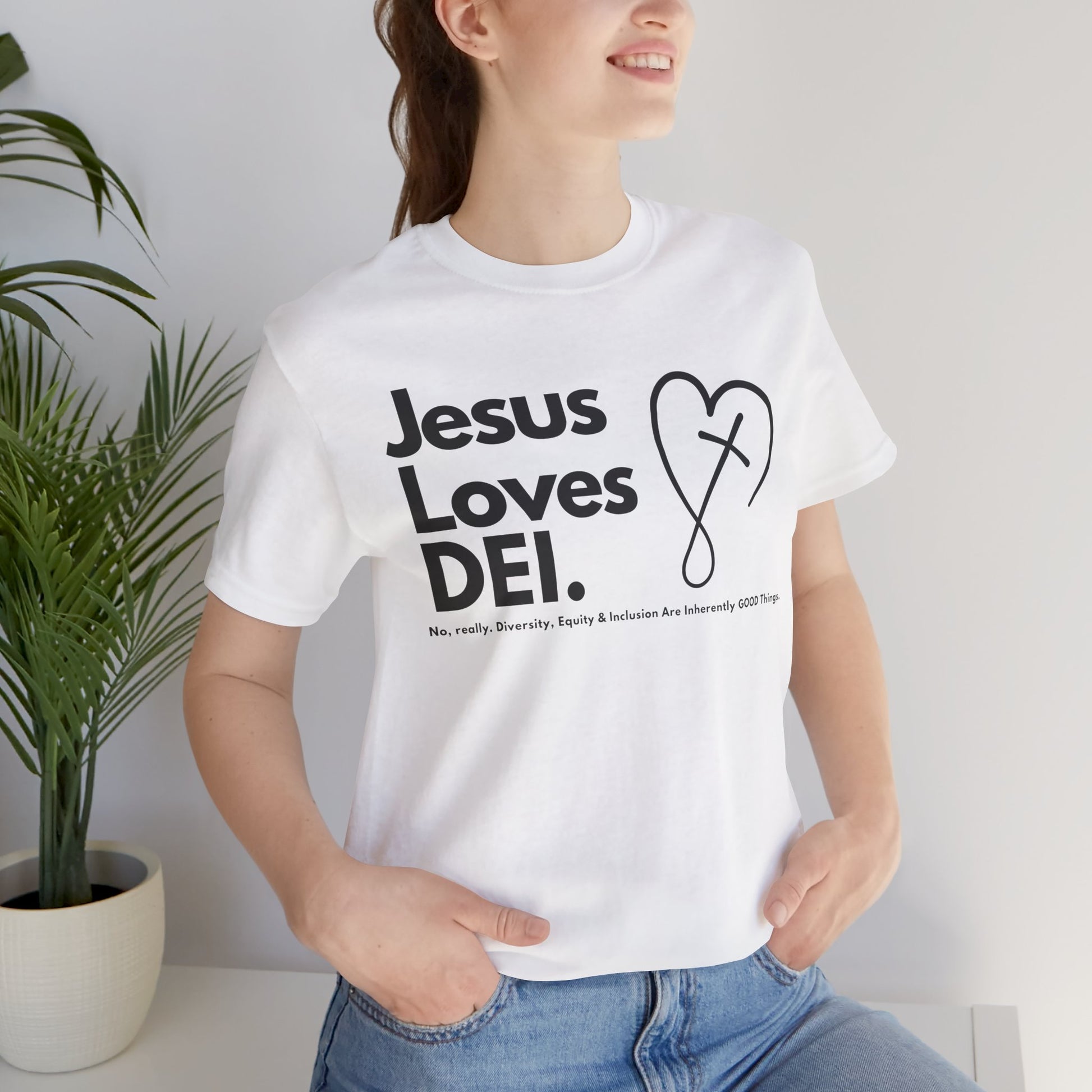 Jesus Loves DEI (Style 2, CrossHeart) Unisex Jersey Tee | Progressive Statement T-Shirt for Everyday Wear