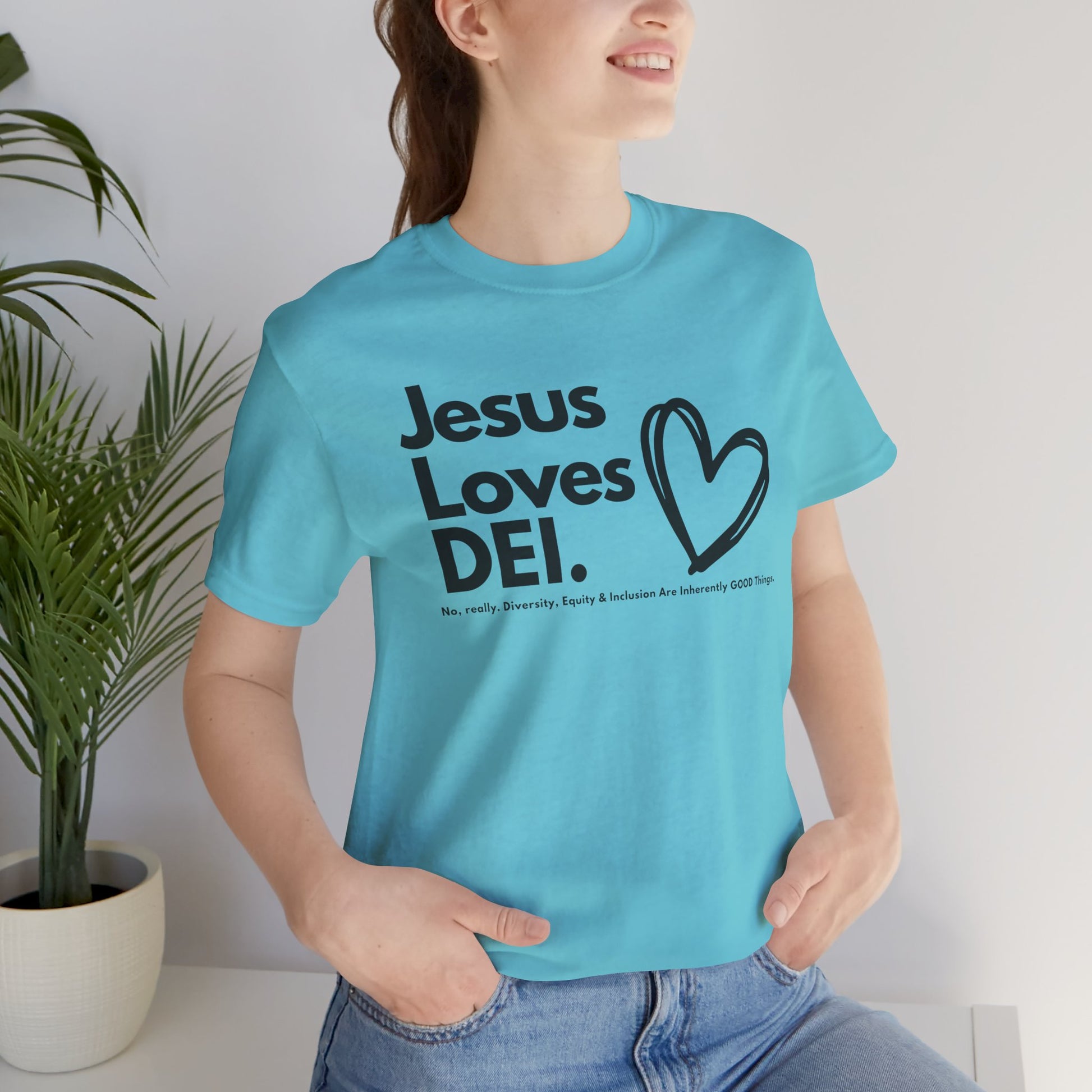 Jesus Loves DEI (Style 1, Heart) Unisex Tee | Progressive Statement T-Shirt for Everyday Wear