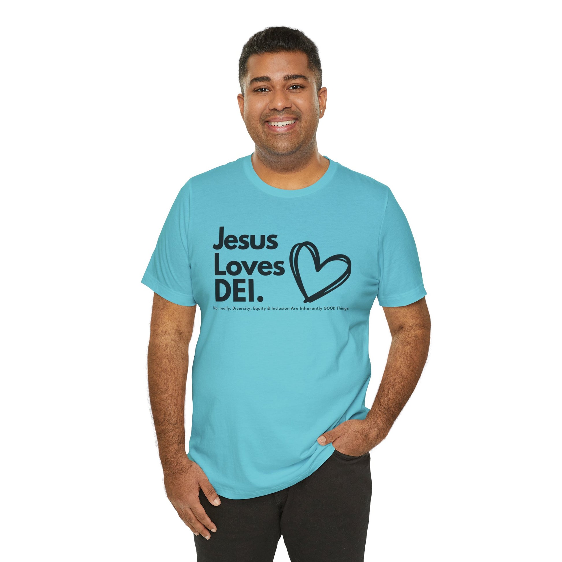 Jesus Loves DEI (Style 1, Heart) Unisex Tee | Progressive Statement T-Shirt for Everyday Wear
