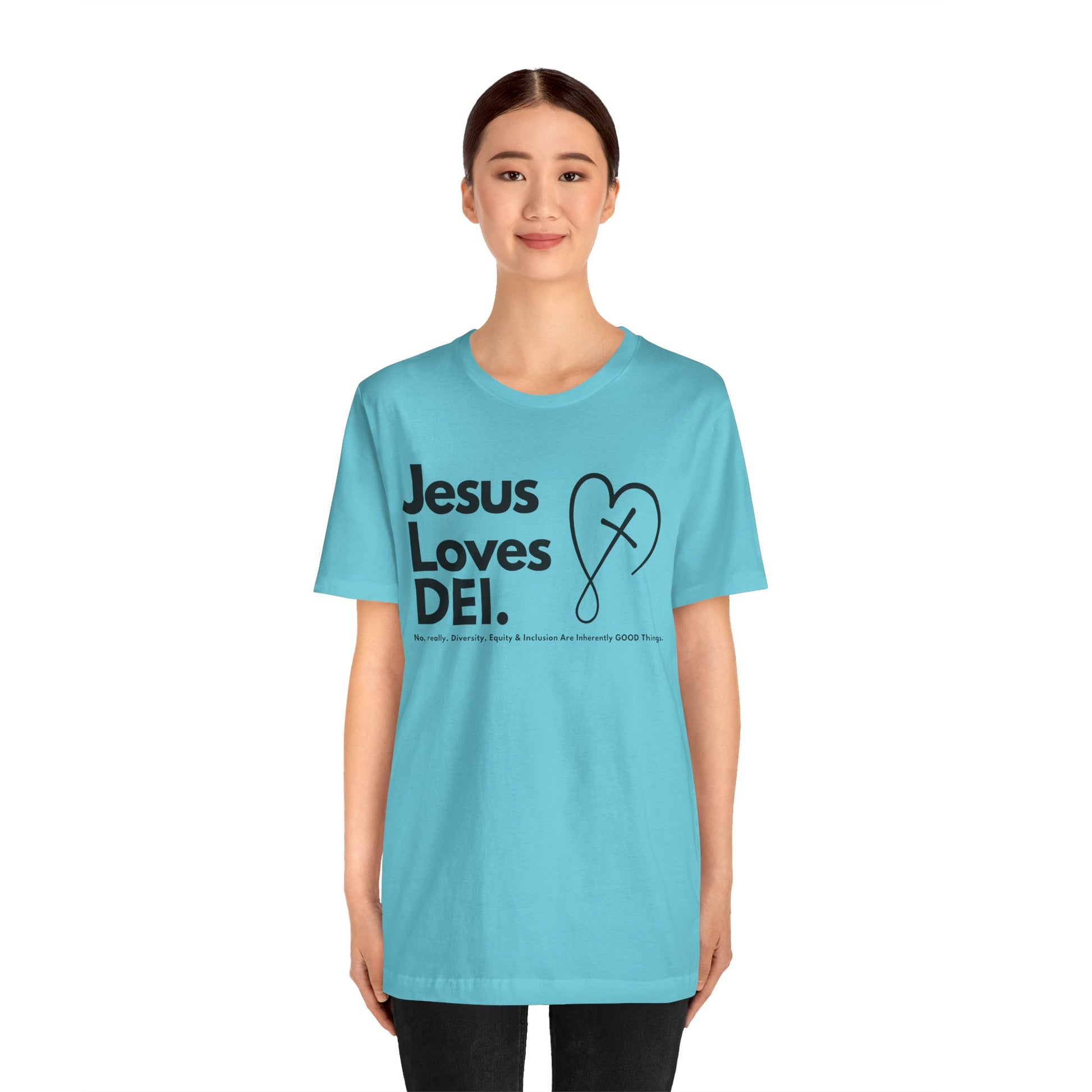 Jesus Loves DEI (Style 2, CrossHeart) Unisex Jersey Tee | Progressive Statement T-Shirt for Everyday Wear