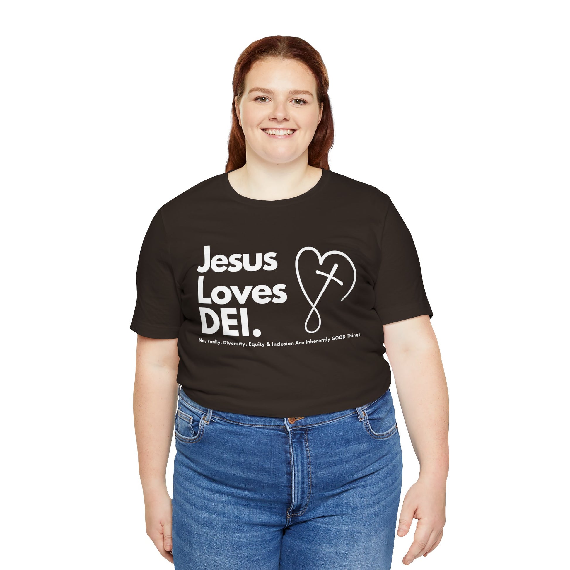 Jesus Loves DEI (Style 2, CrossHeart) Unisex Jersey Tee | Progressive Statement T-Shirt for Everyday Wear