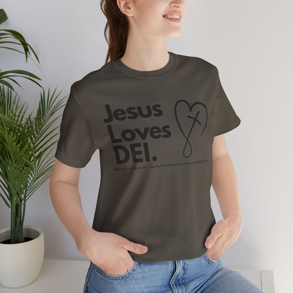 Jesus Loves DEI (Style 2, CrossHeart) Unisex Jersey Tee | Progressive Statement T-Shirt for Everyday Wear