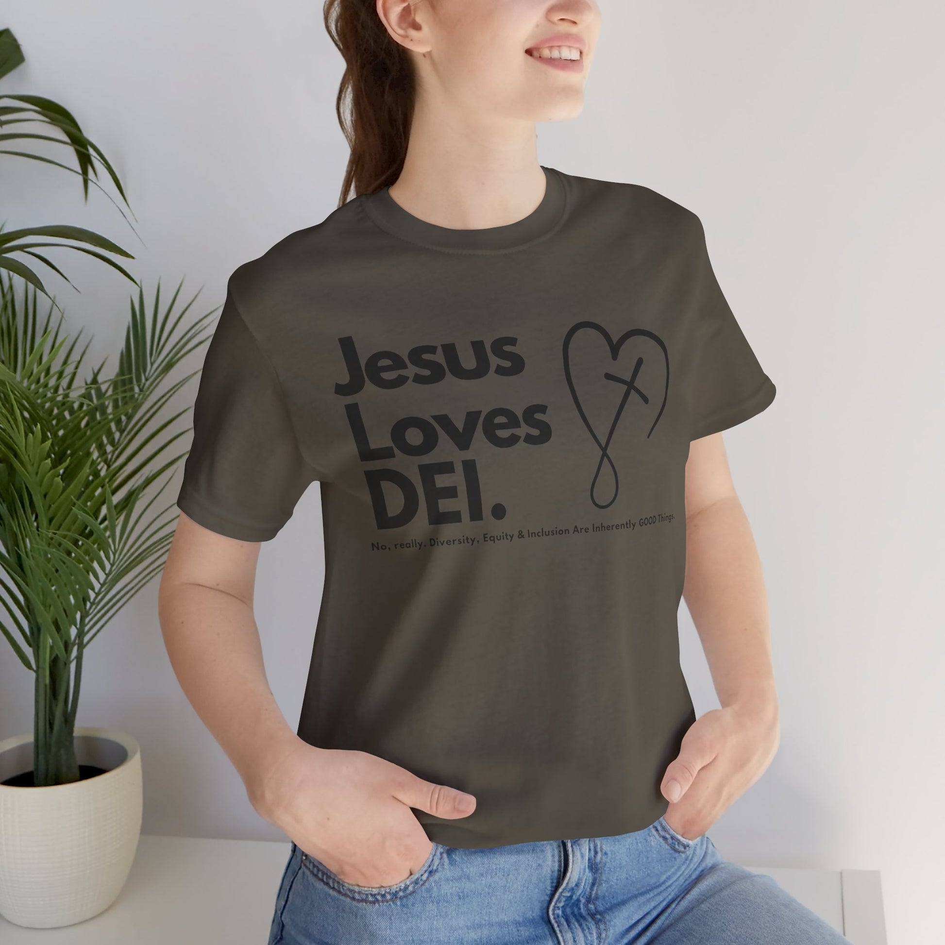 Jesus Loves DEI (Style 2, CrossHeart) Unisex Jersey Tee | Progressive Statement T-Shirt for Everyday Wear