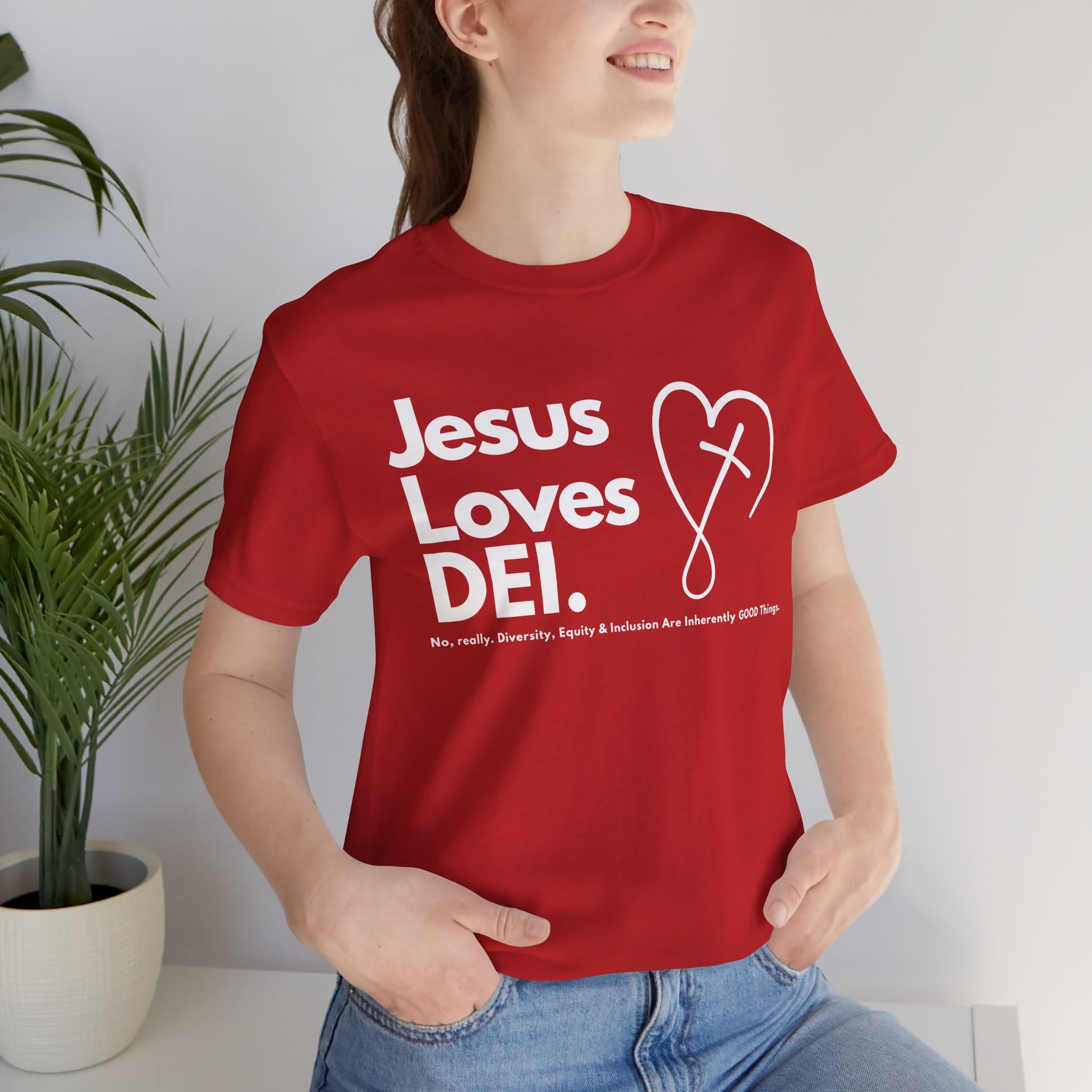 Jesus Loves DEI (Style 2, CrossHeart) Unisex Jersey Tee | Progressive Statement T-Shirt for Everyday Wear