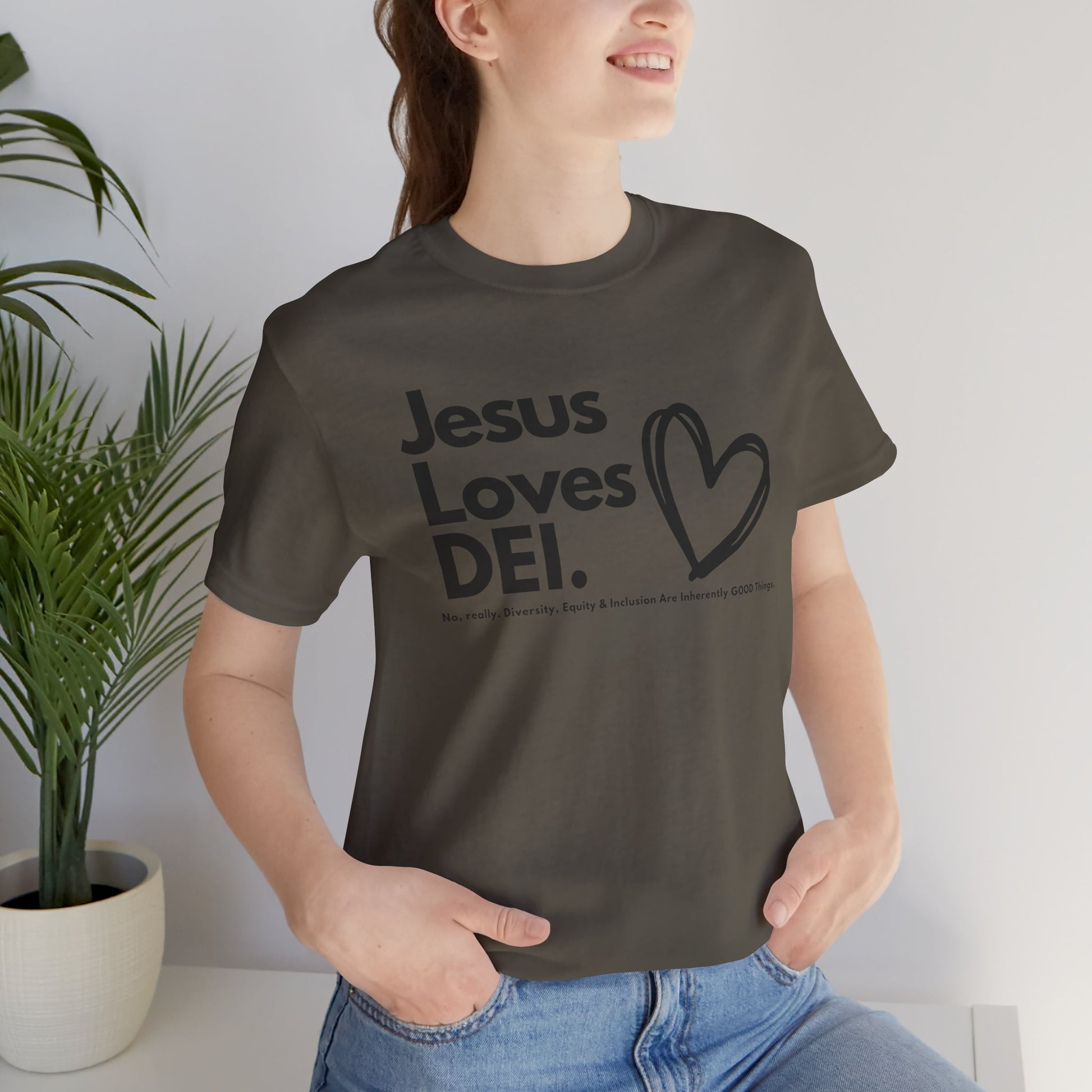 Jesus Loves DEI (Style 1, Heart) Unisex Tee | Progressive Statement T-Shirt for Everyday Wear