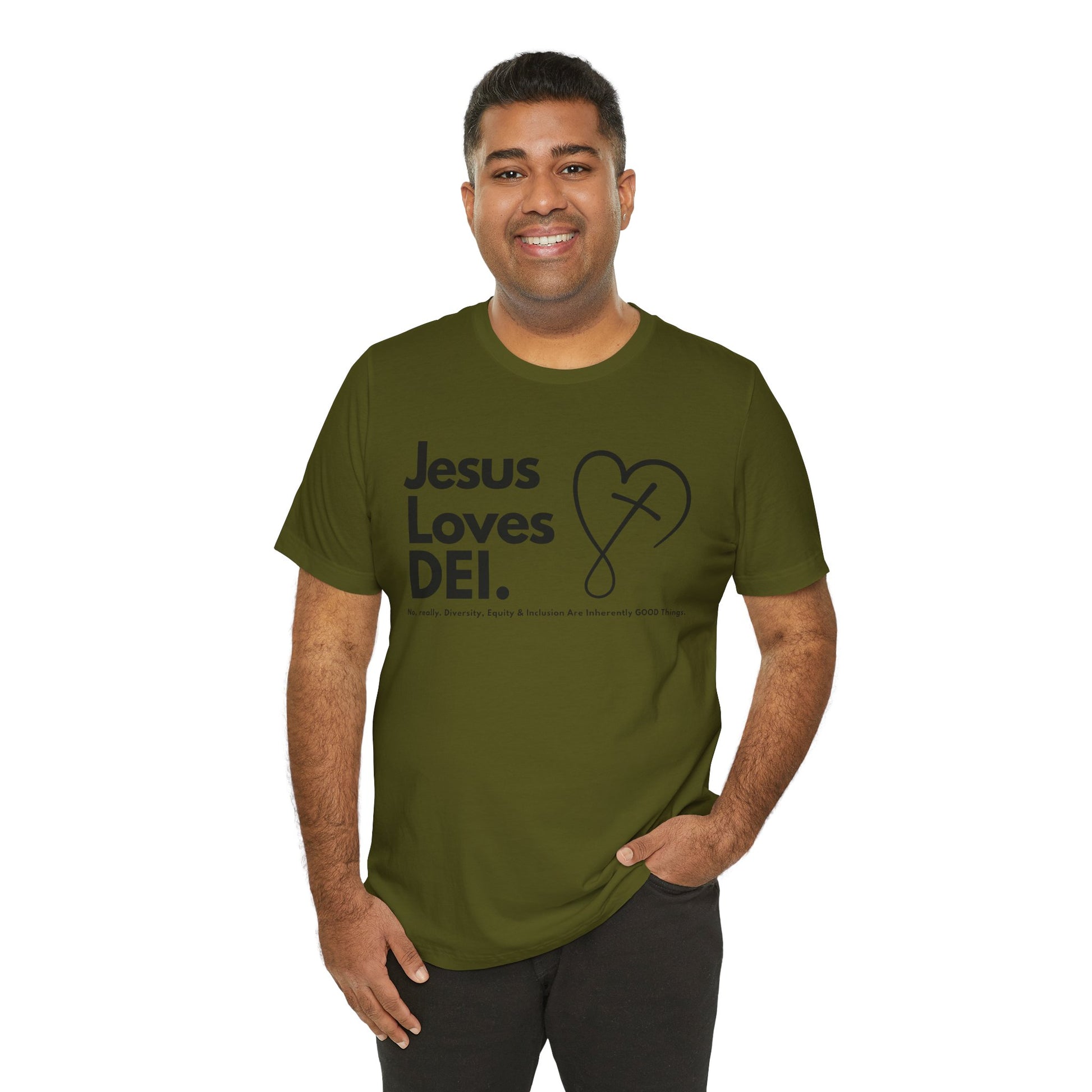 Jesus Loves DEI (Style 2, CrossHeart) Unisex Jersey Tee | Progressive Statement T-Shirt for Everyday Wear