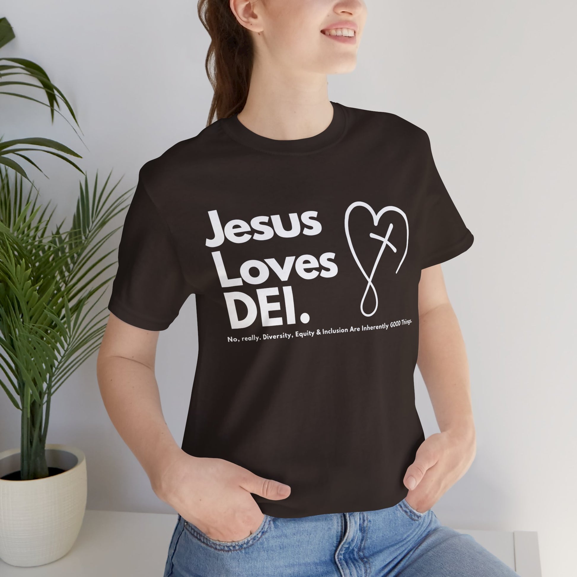 Jesus Loves DEI (Style 2, CrossHeart) Unisex Jersey Tee | Progressive Statement T-Shirt for Everyday Wear