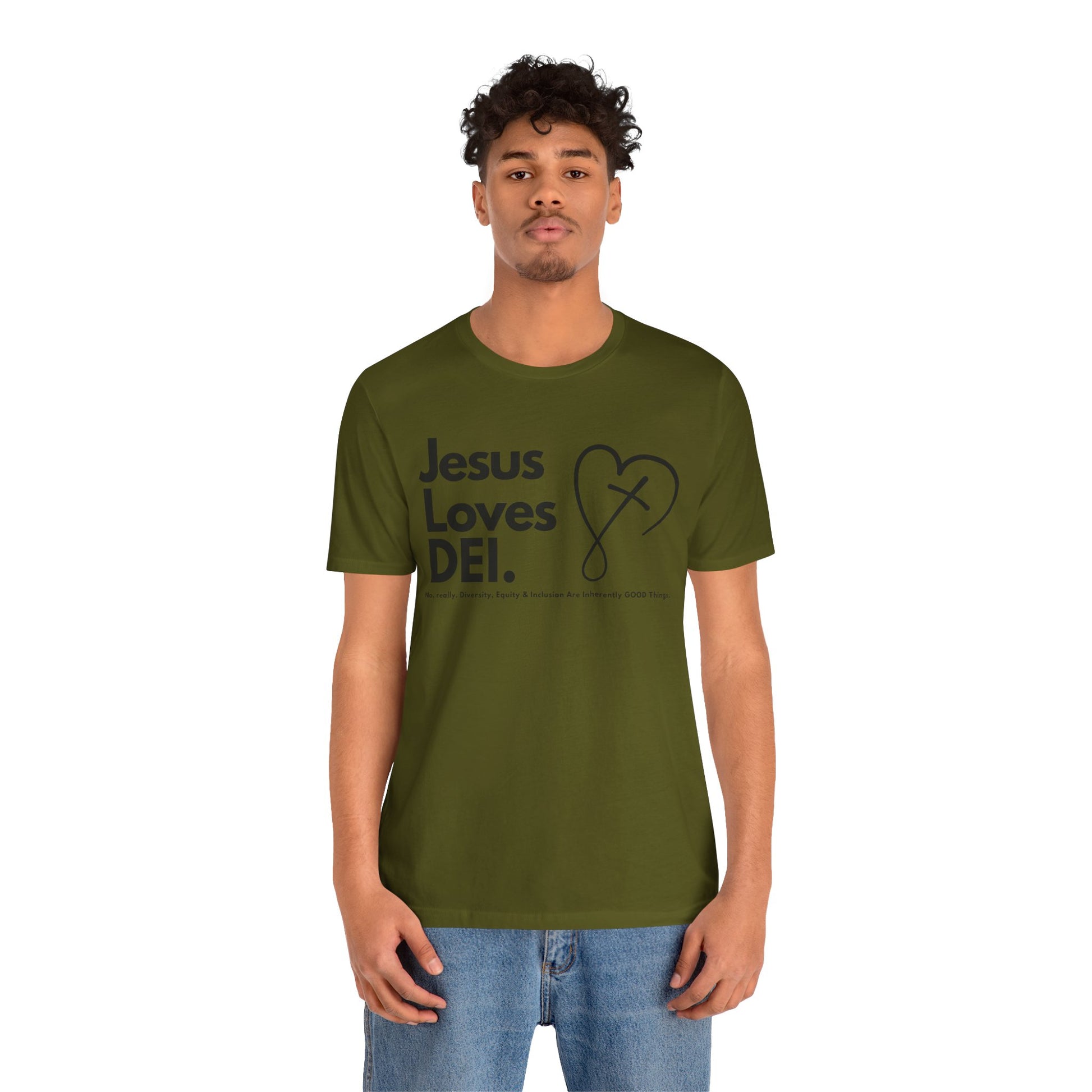 Jesus Loves DEI (Style 2, CrossHeart) Unisex Jersey Tee | Progressive Statement T-Shirt for Everyday Wear