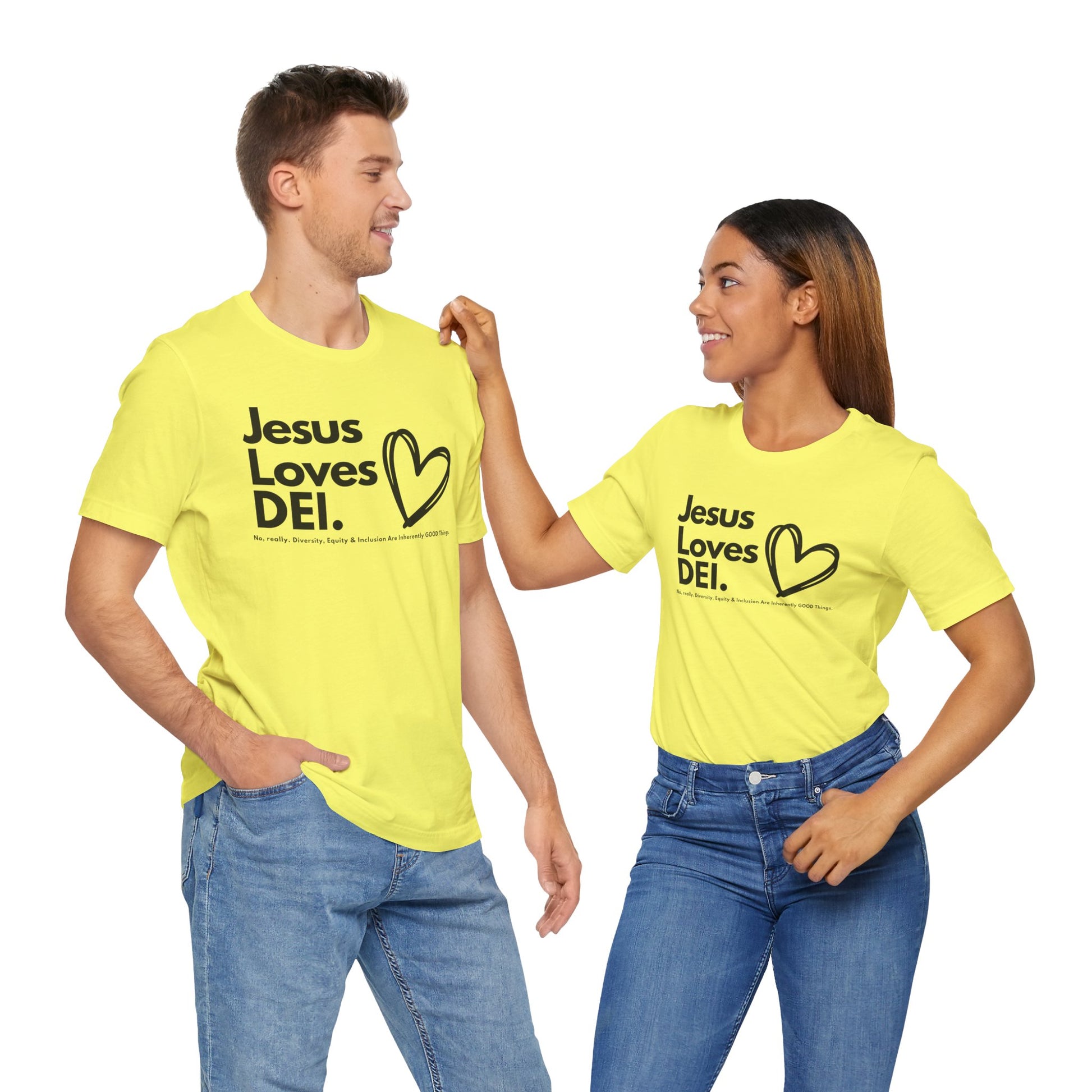 Jesus Loves DEI (Style 1, Heart) Unisex Tee | Progressive Statement T-Shirt for Everyday Wear