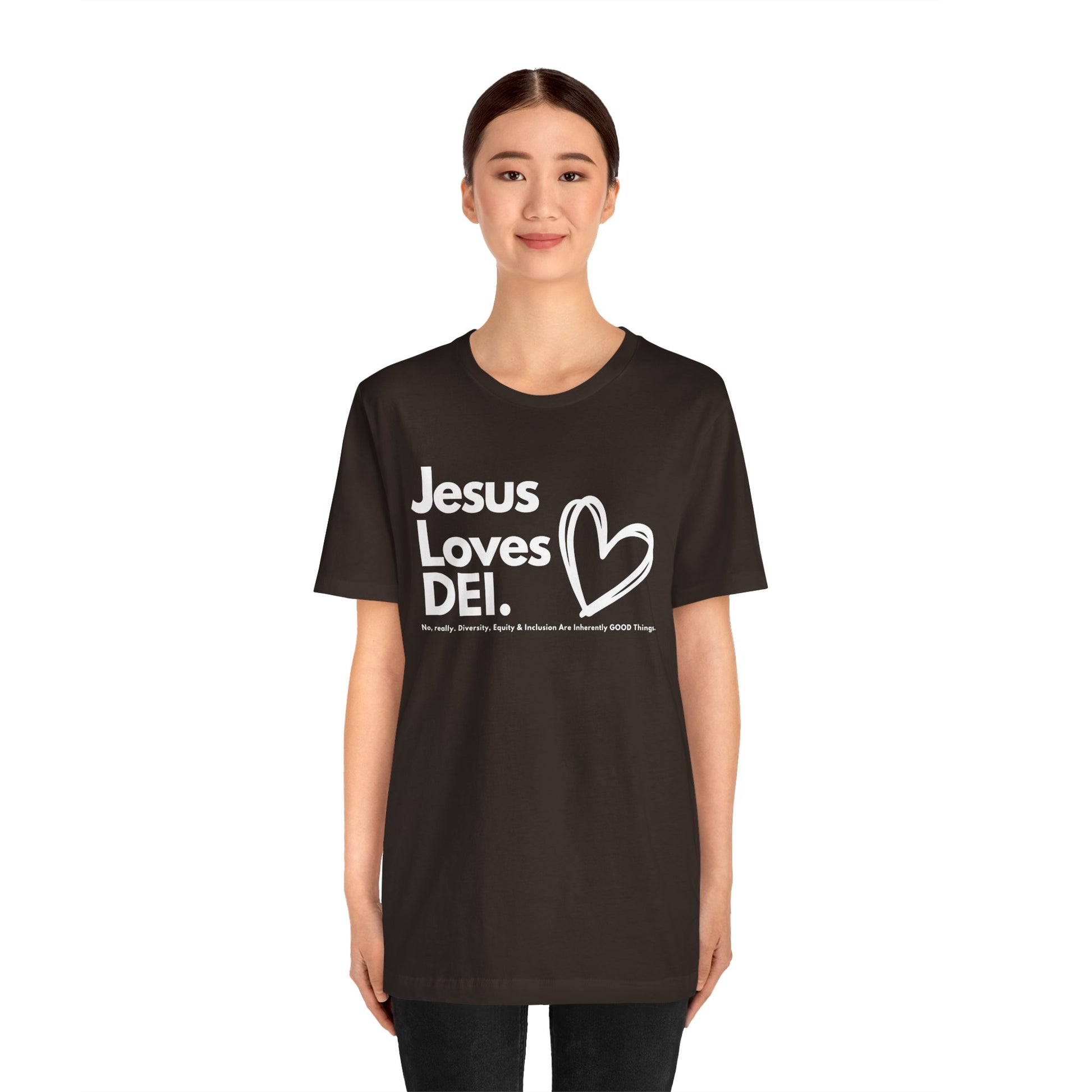 Jesus Loves DEI (Style 1, Heart) Unisex Tee | Progressive Statement T-Shirt for Everyday Wear