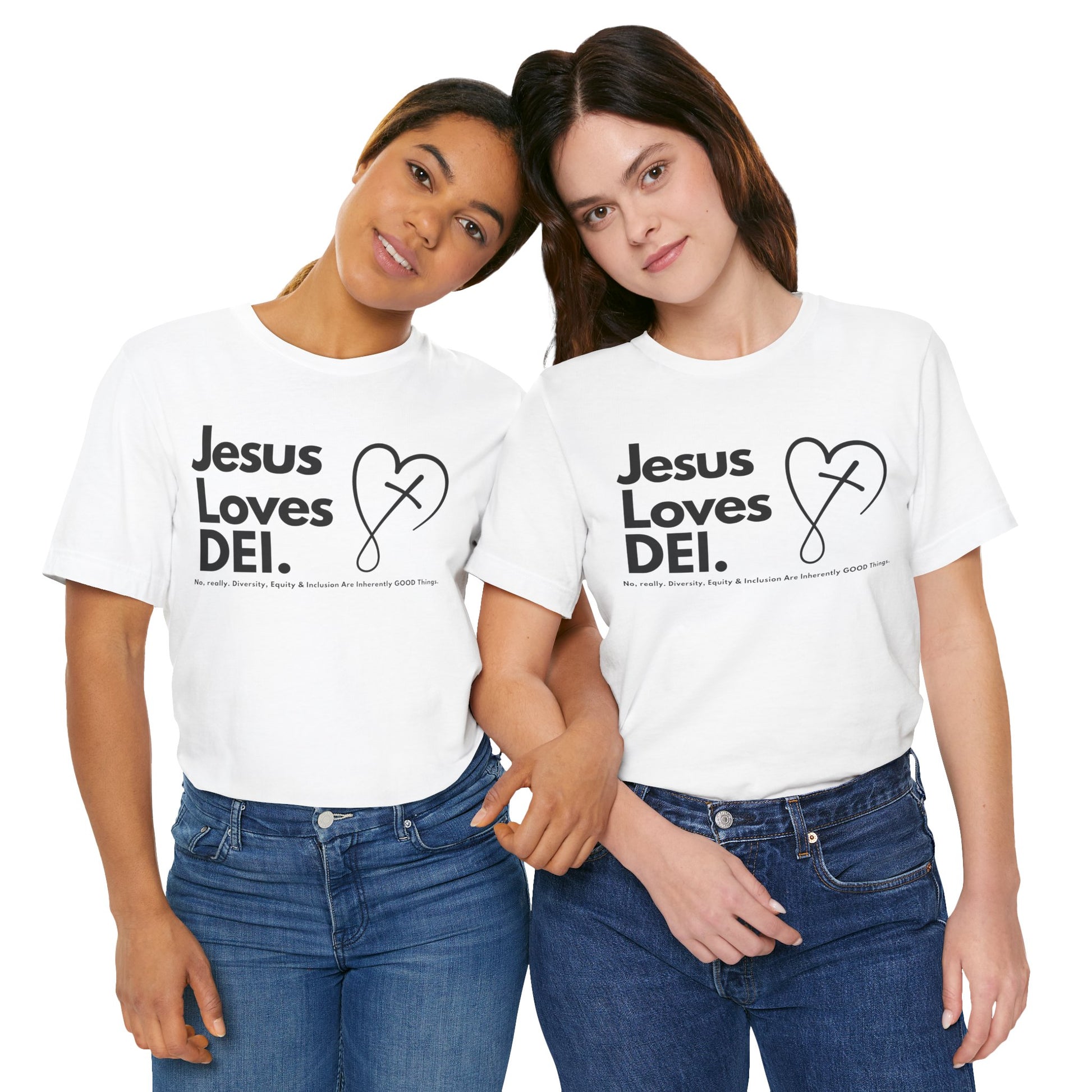 Jesus Loves DEI (Style 2, CrossHeart) Unisex Jersey Tee | Progressive Statement T-Shirt for Everyday Wear