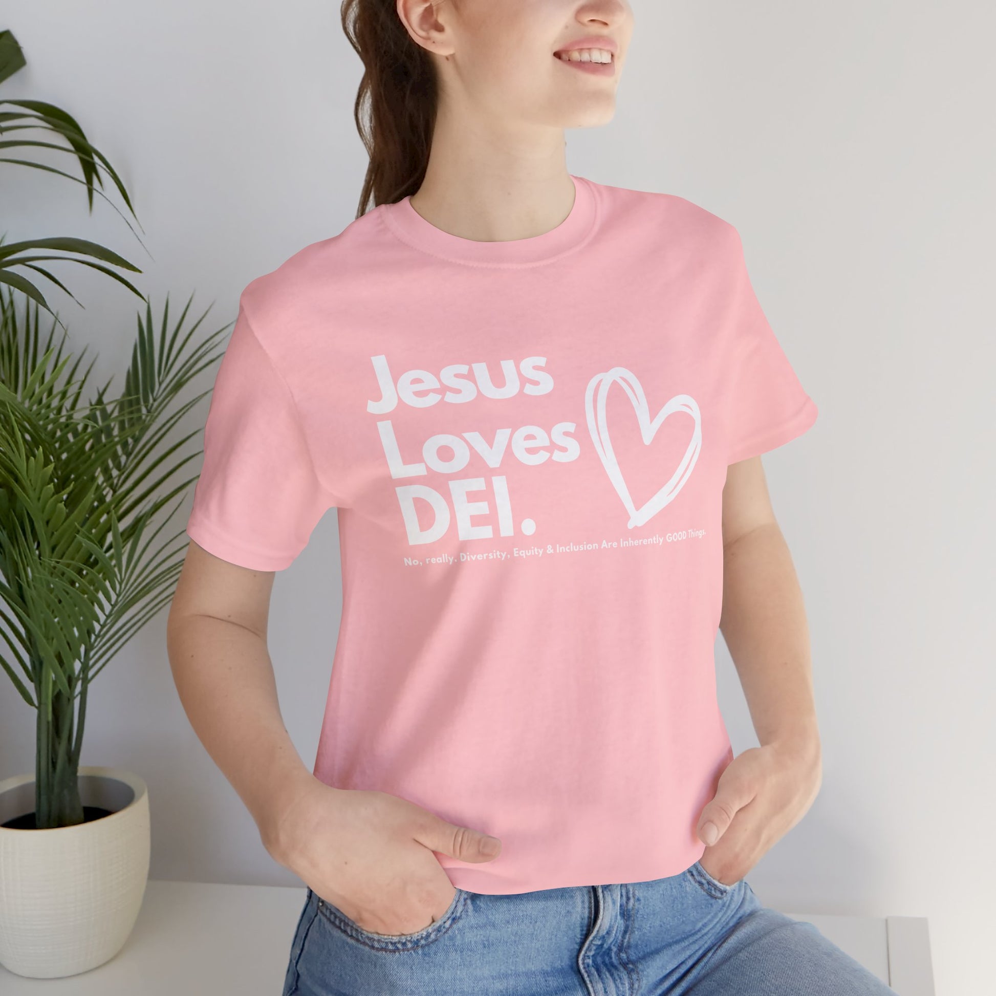 Jesus Loves DEI Tee (Style 1, Heart) Unisex Jersey Tee | Progressive Statement T-Shirt for Everyday Wear