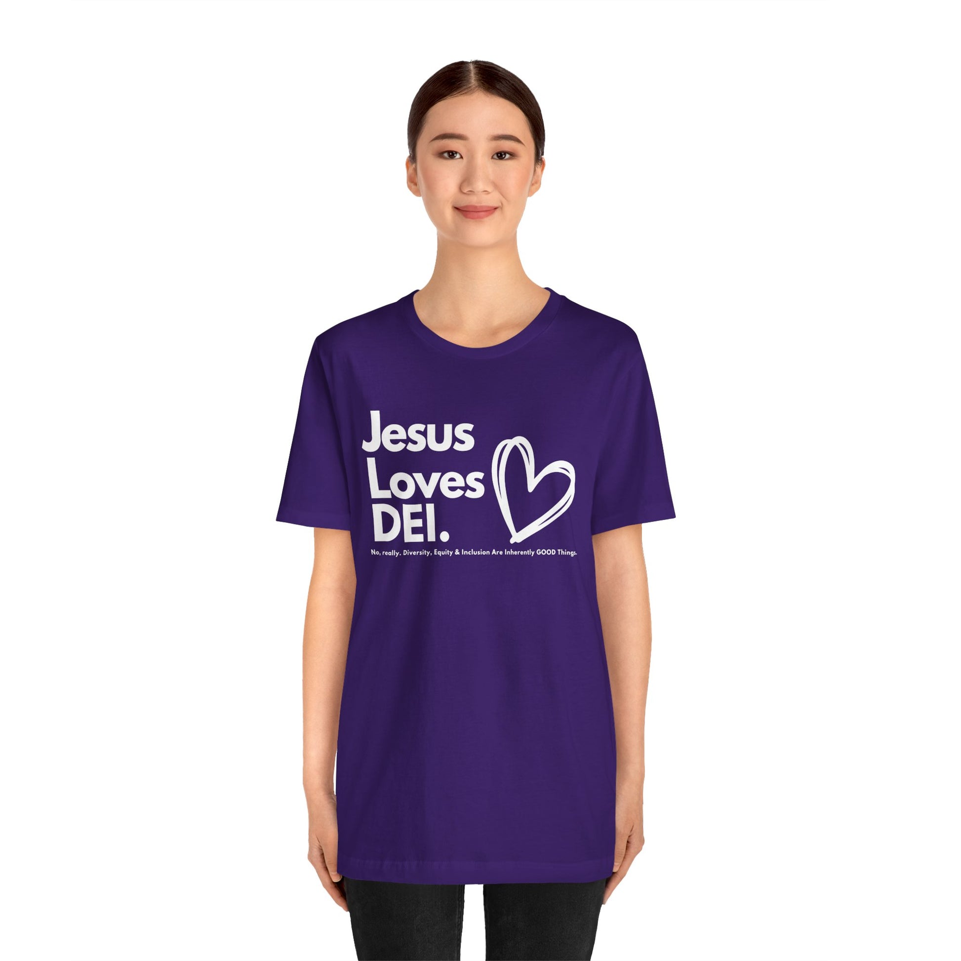 Jesus Loves DEI (Style 1, Heart) Unisex Tee | Progressive Statement T-Shirt for Everyday Wear