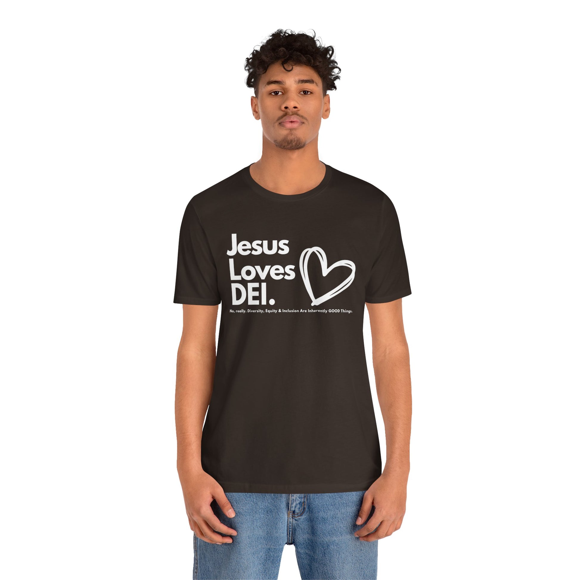 Jesus Loves DEI Tee (Style 1, Heart) Unisex Jersey Tee | Progressive Statement T-Shirt for Everyday Wear